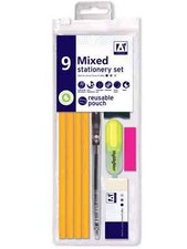 Mixed Stationery Set Reusable Pouch Back To School Exam Office Home 9 Piece Set