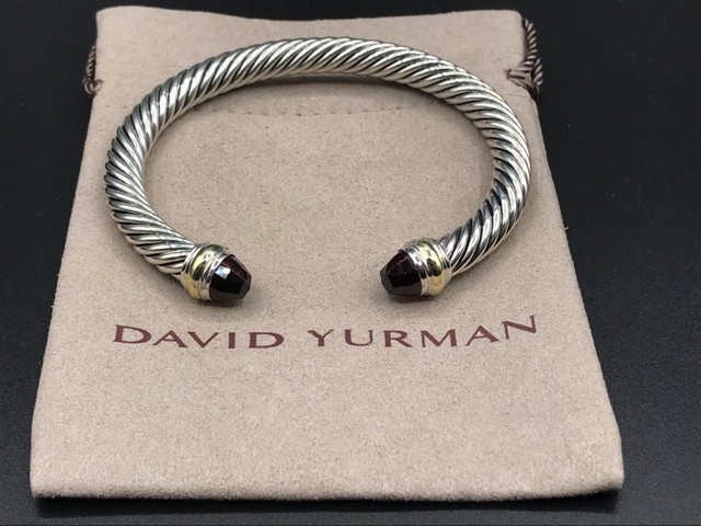 David Yurman Sterling Silver & 14K Gold With Garnet 7mm Cable Classic Bracelet