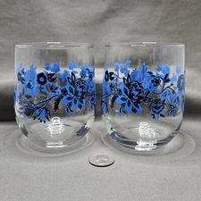 2 Crisa Royal Norfolk Cobalt Blue Floral 14-oz Short Glass Tumblers Wraparound