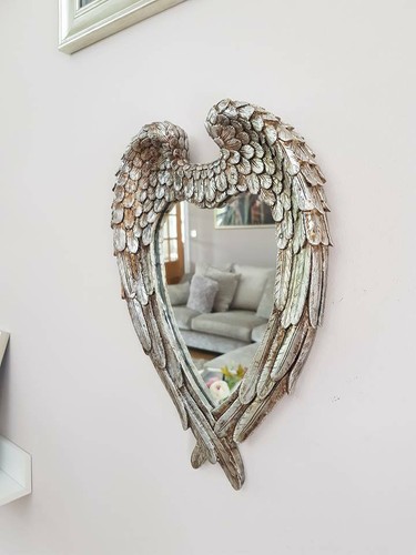 Angel Wings Mirror Heart Shaped Feathered Distressed Home Decor Hanging Wall - Picture 10 of 36