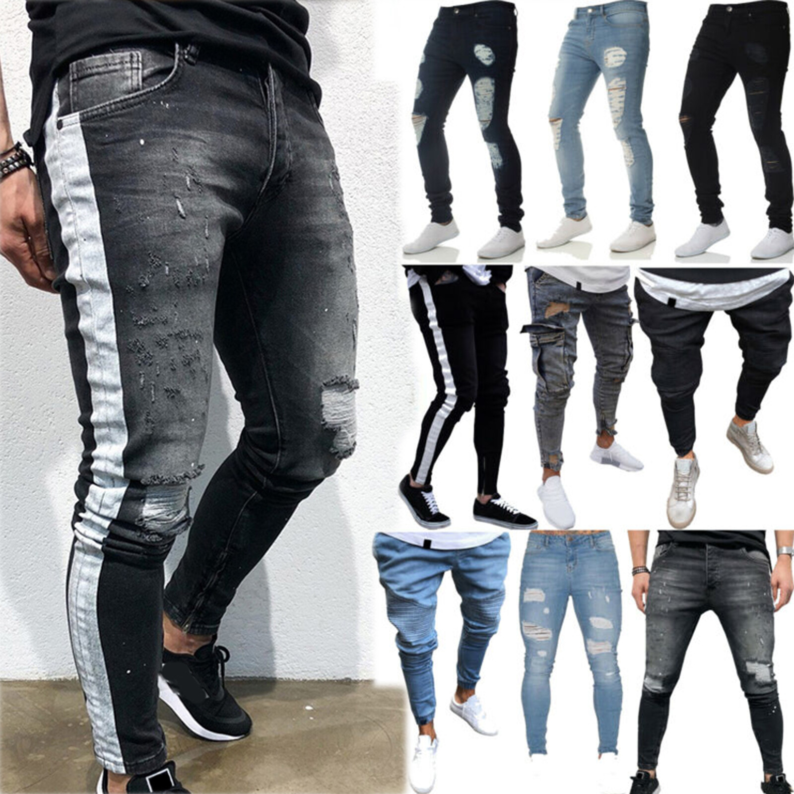 YYear Mens Casual Patch Slim Straight Leg Distressed Jeans Denim Pants