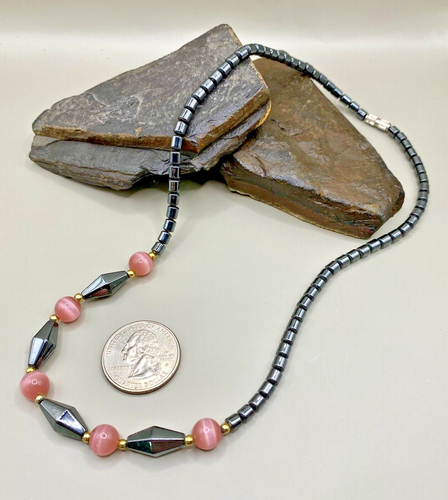 Genuine Black Hematite with pink cats eye quarts beads 18 inch necklace - Picture 5 of 6