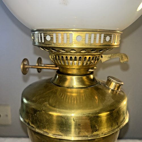 Duplex Brass Paraffin Oil Lamp Milk Glass Shade Clear Glass Chimney 51 cm Tall - Picture 15 of 21