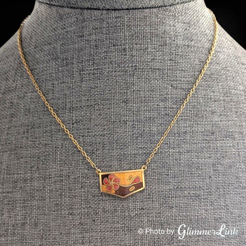 Vintage Floral Cloisonne Enamel Gold Tone Floral Pendant Necklace - Picture 3 of 7