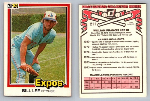 Bill Lee Pitcher Montreal Expos Donruss 1981 First Edition Card 211