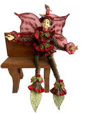 Whimsical Poseable Elf Doll Hanging Ornament Shelf Sitter Red Wings Green Vtg