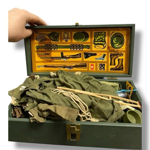 Vintage Early G.I. Joe Wood Foot Locker Lot of Accessories and Uniforms Etc 1960