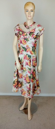 VESTIDO DE VERANO VINTAGE ANTIGUO AÑOS 40 ROSA Y NARANJA ESTAMPADO FLORAL ACAMPANADO TÉ 12 - Imagen 2 de 13