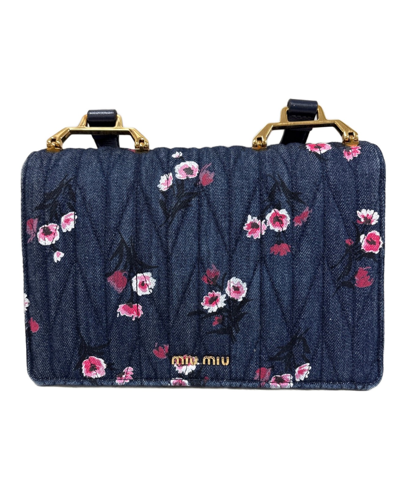 Miu Miu Floral Denim Shoulder Bag Indigo Leather Strap Gold Auth image 3