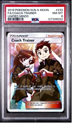 2019 Pokémon Sun & Moon Unified Minds Full Art COACH TRAINER 233 PSA 8 NM-MT