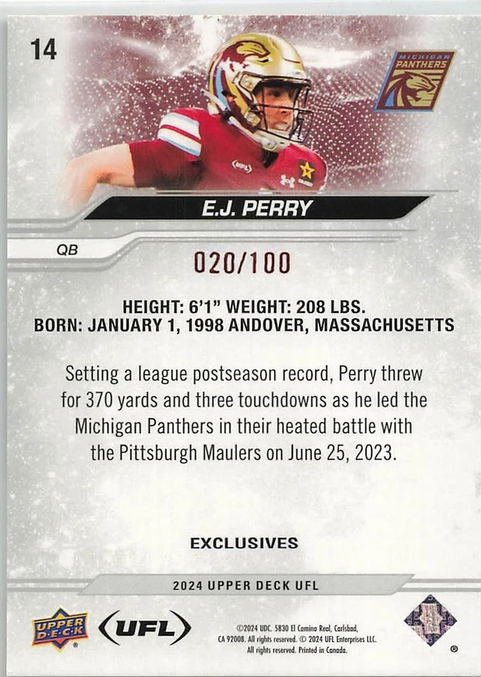 2024 Upper Deck UFL  EXCLUSIVES  E.J. Perry  020/100 - Image 2 of 2