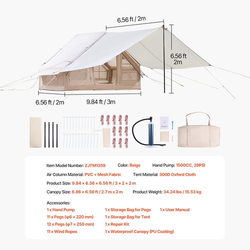 Tente de Camping Gonflable de Glamping pour 3 à 5 Personnes avec Pompe - Imagen 7 de 12