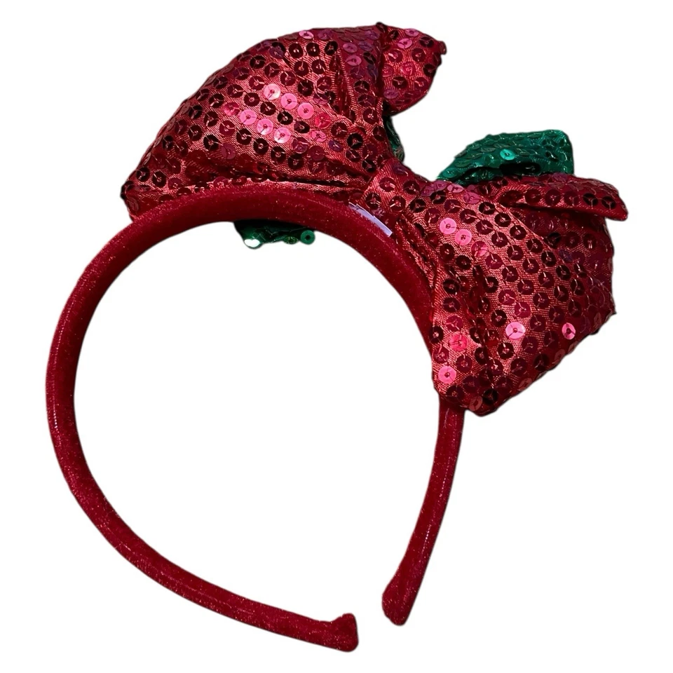 Diadema con lazo de Navidad para niñas roja y verde brillante secuencia banda dura Foto 4 de 4