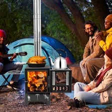 Folding Portable Wood Burning Stove Tent Camping Heating Stove W/Chimney Pipes