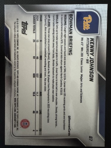 2025 Bowman University Chrome - Kenny Johnson Blue Refractor /150 Pitt #87 - Bild 2 von 2