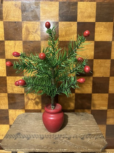 8 Inch Antique Vintage Feather Christmas Tree Red Wood Urn Base Red Berry Tips