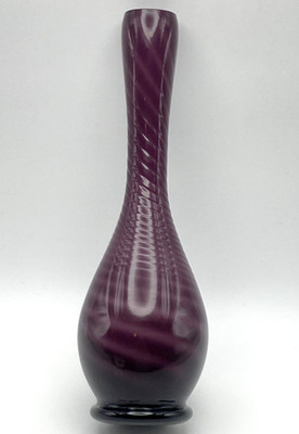 Vintage Art Glass Empoli Optic Swirl Bud Vase Cased White In Amethyst 9'' Retro