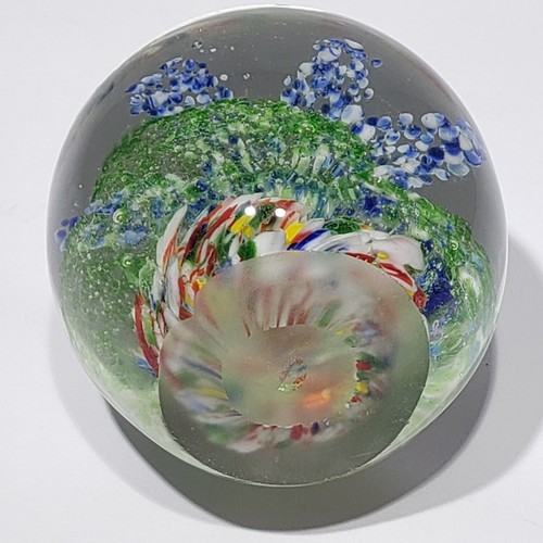 Hand Blown Blue Flower Green Confetti Swirl Glass 2.75" Paperweight - Picture 11 of 15