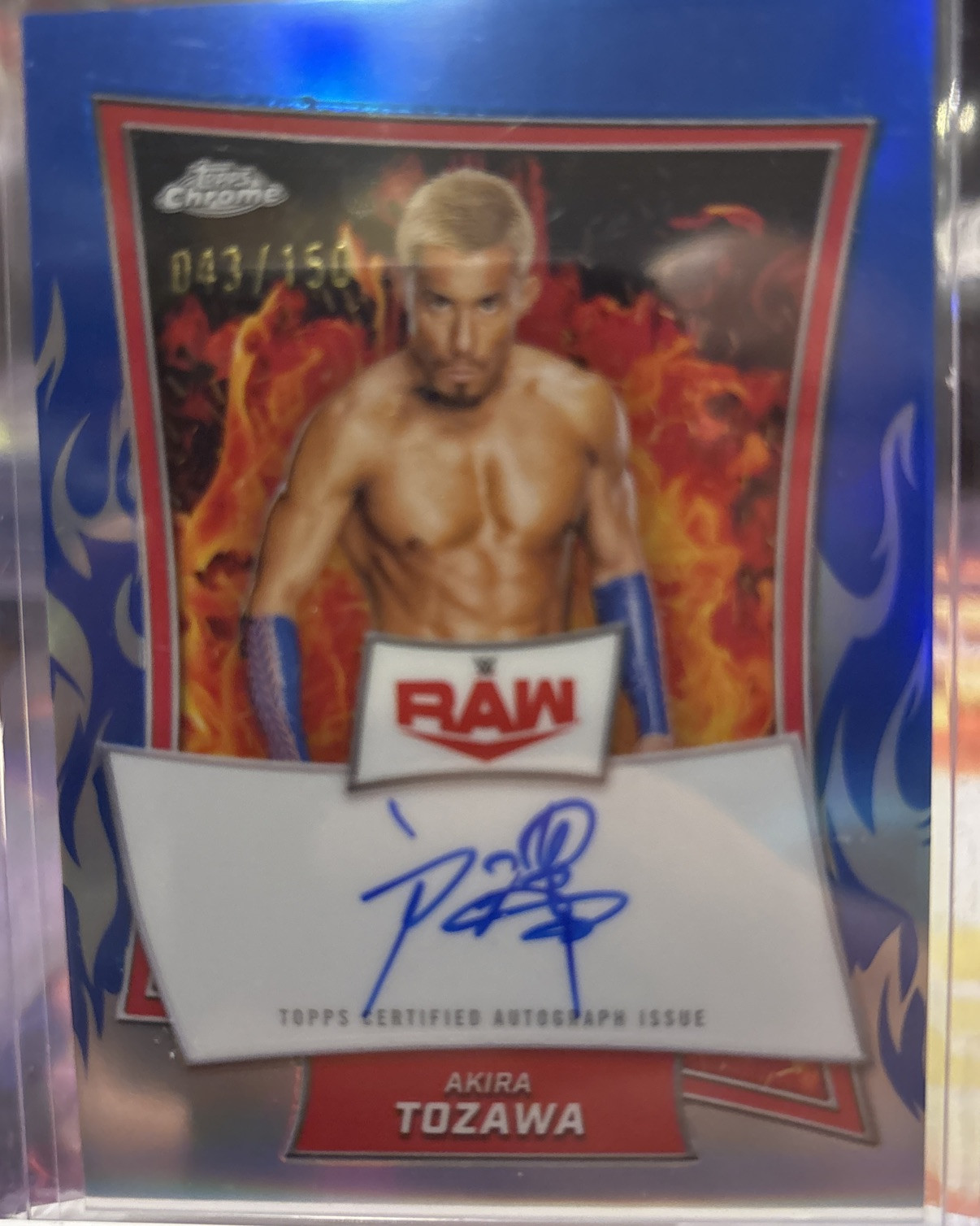 2025 WWE Topps Chrome Akira Tozawa Red Brand Blue Refractor Auto 43/150
