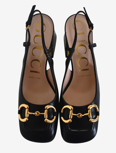 GUCCI Gold HORSEBIT Black Leather Mid-Heel Slingback Pumps Heels EU-36.5 US-6.5 - Picture 4 of 20