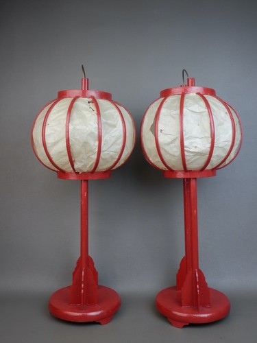 JAPANESE ANTIQUE H48cm 18.9" BONBORI WOOD PAPER LANTERN LAMP POST ROOM LIGHT RED - Picture 5 of 23