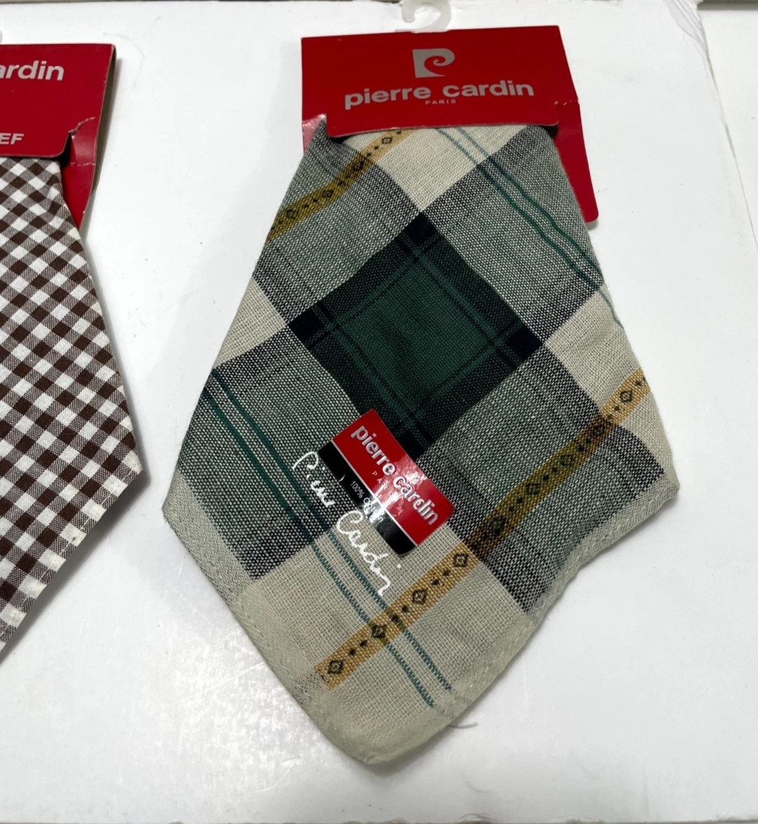 Pierre Cardin Mens Cotton Handkerchief Vintage Plaid Check Pocket Square Lot 2pc
