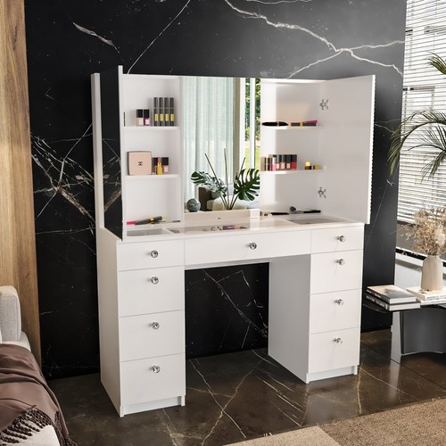 Vanity Makeup Table, Glass Top, Mirrors Cabinet, 9 Drawers, Crystal Ball Knobs - Picture 3 of 6