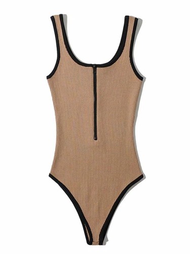 Slim Fit Zipper Bodysuit - Black Retro Jumpsuit Solid Color For Women's Sport - Picture 17 of 17