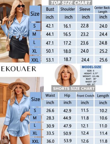 Womens Satin Pajama Sets Long Sleeve Top and Shorts Lounge Set Button Down Sl... - Picture 6 of 6