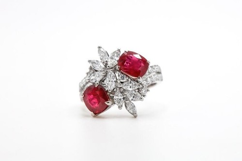 Cluster Wedding Ring With Simulated 3.15 TCW Pigeon Blood Ruby & White Sapphire - Picture 1 of 8