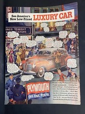 1940 magazine ad for Plymouth - Luxury Car,Big red 1941 Plymouth in city traffic