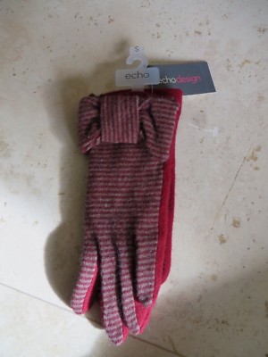 Women's Echo Design Winter Wool Blend Knit Gloves Rust & Tan Stripe Bows NWT SM