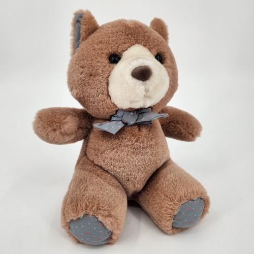 VTG Lovable Huggable Friends Bear Plush Brown Blue Bow Stuffed Animal Toy