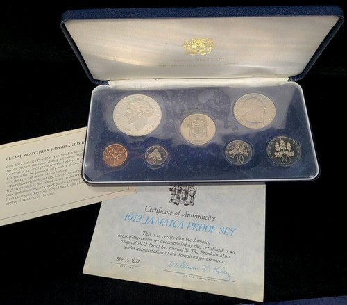 1972 JAMAICA - OFFICIAL PROOF SET (7) - w/ 1.25 Oz SILVER CROWN - ORIG. PKG, COA