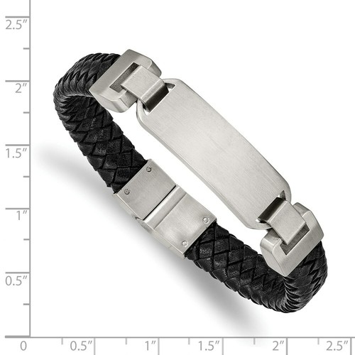Stainless Steel Brushed Black Leather 8.5in ID Bracelet - Picture 3 of 3