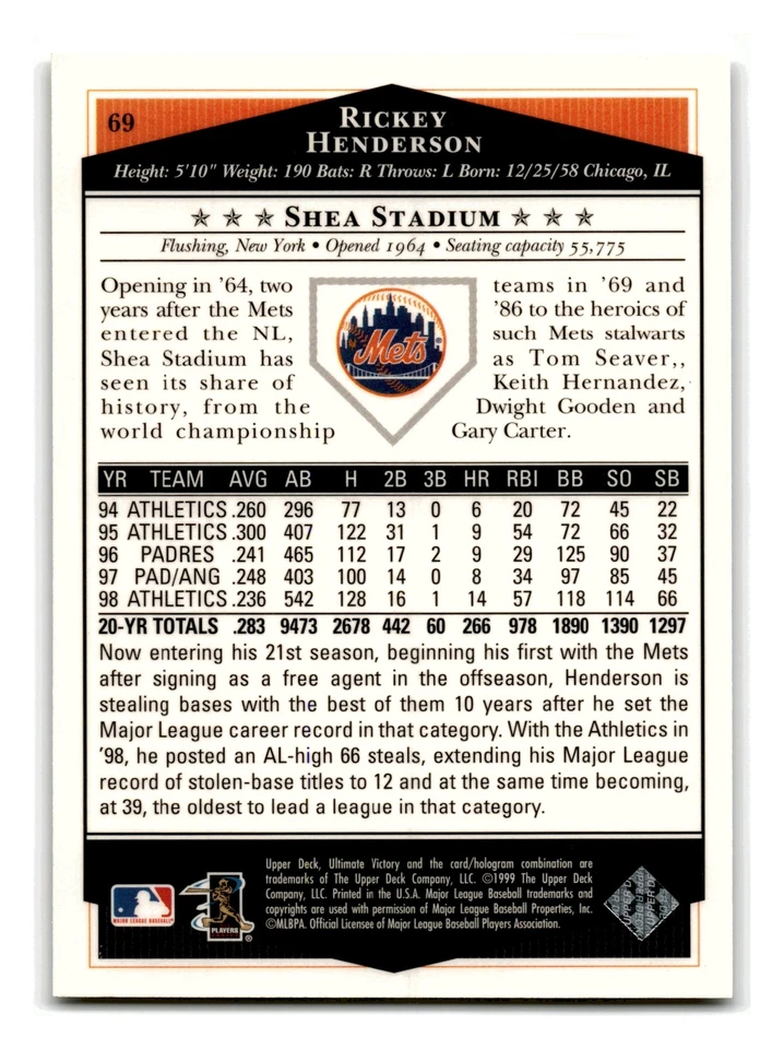 Rickey Henderson 1999 Upper Deck Ultimate Victory #69 New York Mets Mint - Image 2 of 2