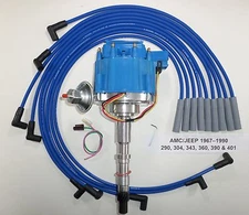 for 1967-1990 AMC/JEEP 290 304 343 360 390 401 HEI DISTRIBUTOR + BLUE Plug Wires