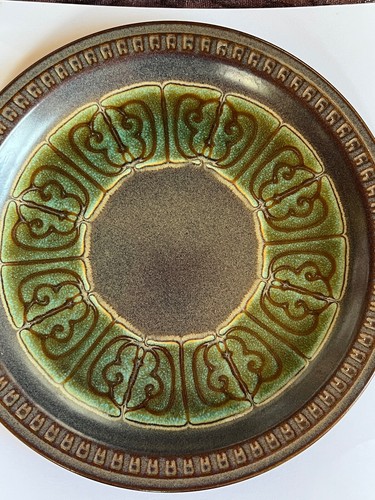 Vintage Blue Gray & Brown w Green MCM Design Stoneware Dinner Plate - 10.25 inch