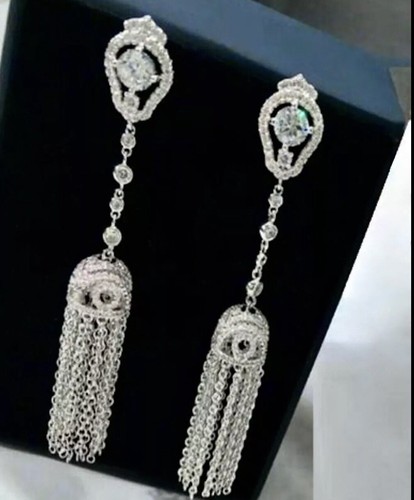 18k White Gold Filled Long Tassel Earrings made w/ Swarovski Crystal Stone - Picture 11 of 11