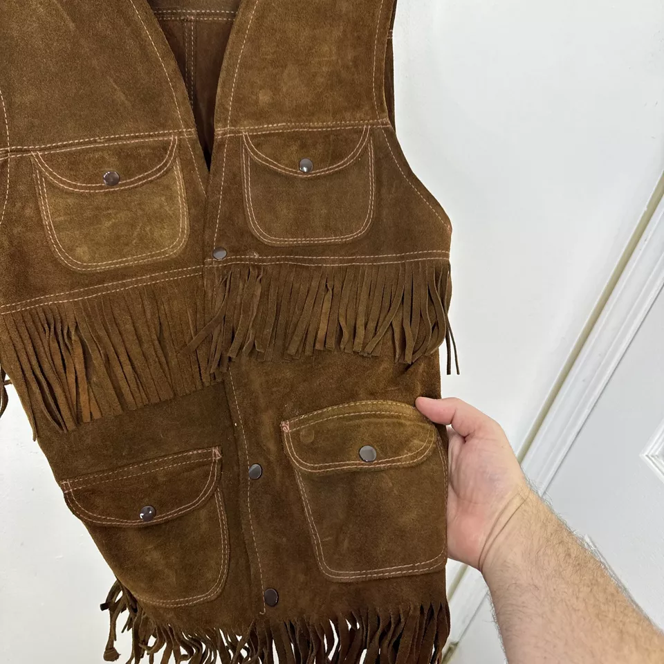Chaleco Vaquero Vaquero Occidental Vintage Cuero Gamuza Borlas 36 S/M Foto 3 de 4