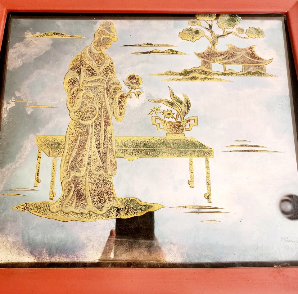 Franz Grosz 1960s Glass Etch Asian Art MCM Silver Mirror Framed Lighting BRCT - Image 4 of 4