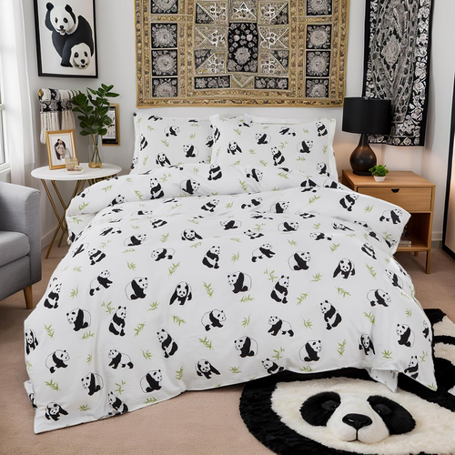 Panda Duvet Cover Set Twin Size Kids Bed Set 100% Muslin Cotton Black and White - Picture 4 of 9