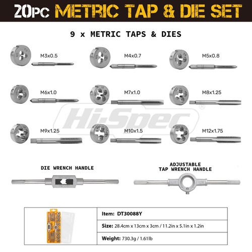 Metric Tap & Die Set Complete M3 to M12 Tapping and Threading Tools Hi-Spec 20pc - Picture 6 of 7