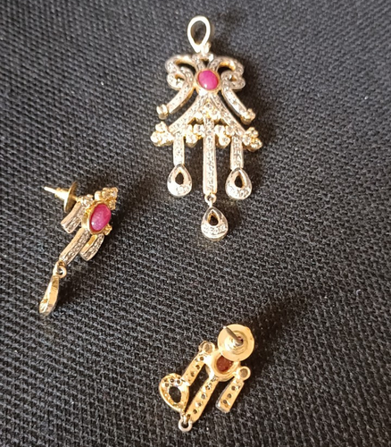 Indian Ethnic CZ AD New Traditional Ethnic Wedding Jewlery Pendant Earrings Set - Picture 5 of 5