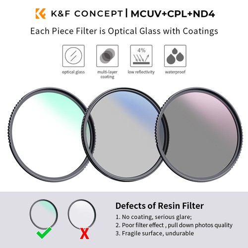 K&F Concept 77mm MCUV+CPL+ND4 Lens Filter Kit with Filter Bag - Picture 2 of 10