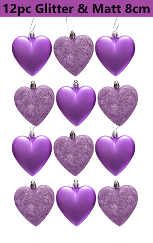 Christmas Tree Heart Baubles Hanging Decorations (Set of 12) Glitter & Matt - Picture 37 of 46