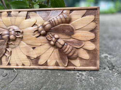 Bees Gather Collect Honey From Flowers Wood Carving Multicolor Picture Woodworki - Picture 8 of 22
