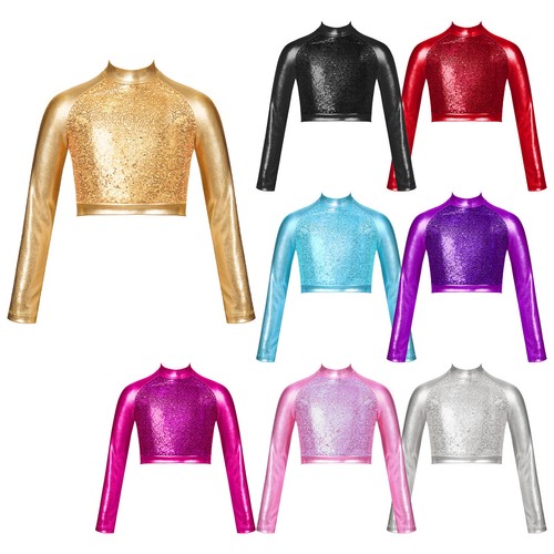 Mädchen Kurz Sportshirt Crop Top Jazz Shirt Glitzer Paillettenshirt Glänzend - Afbeelding 1 van 94