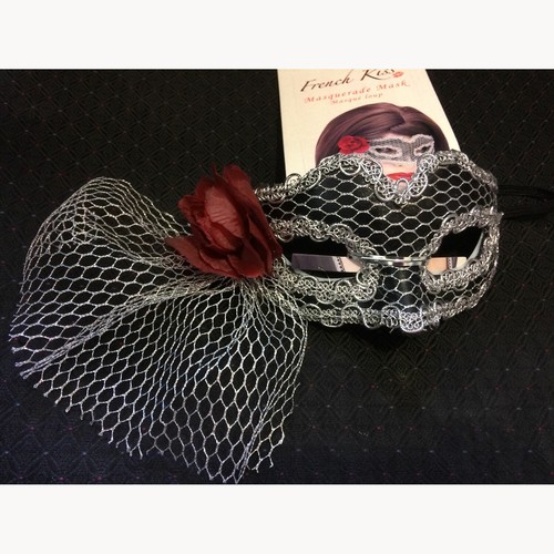 Masquerade Mardi Gras Venetian Mask BlackSilver Mesh Side Rose Party French Kiss - Picture 5 of 5