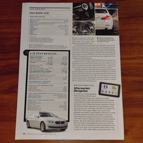 BMW 2011 535i 5 SERIES F10 MAGAZINE PRINT ARTICLE CAR AND DRIVER LONG TERM TEST - Picture 3 of 4